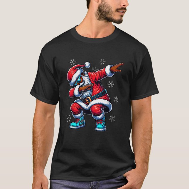 African American Christmas Dabbing Afro Santa Clau T-Shirt (Front)