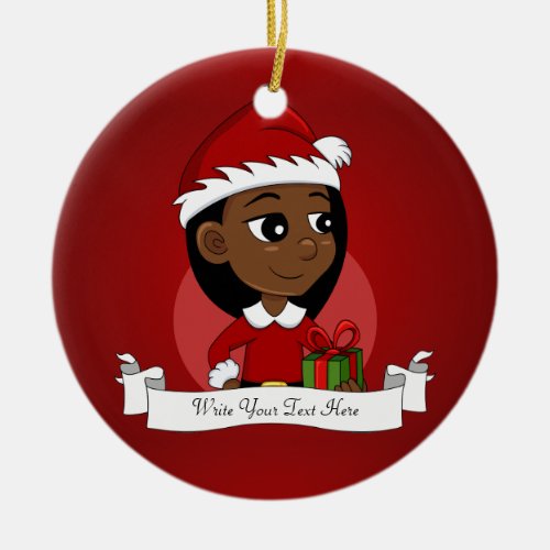 African American Christmas girl cartoon Ceramic Ornament
