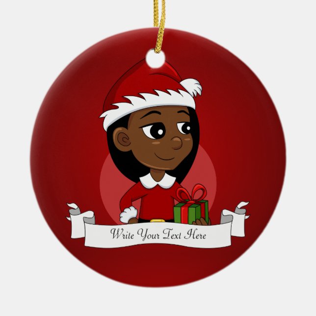 African American Christmas girl cartoon Ceramic Ornament (Front)
