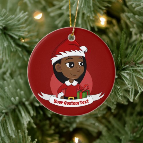 African American Christmas girl cartoon Ceramic Ornament