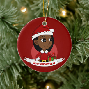 African American Christmas girl cartoon Ceramic Ornament