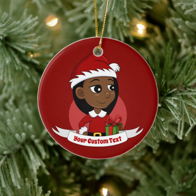 African American Christmas girl cartoon Ceramic Ornament (Tree)