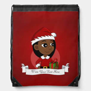 African American Christmas girl cartoon Drawstring Bag