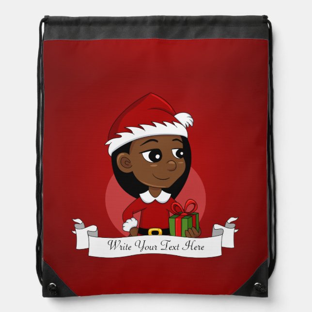 African American Christmas girl cartoon Drawstring Drawstring Bag (Front)