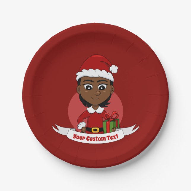 African American Christmas girl with short hair Paper Plates (Front)