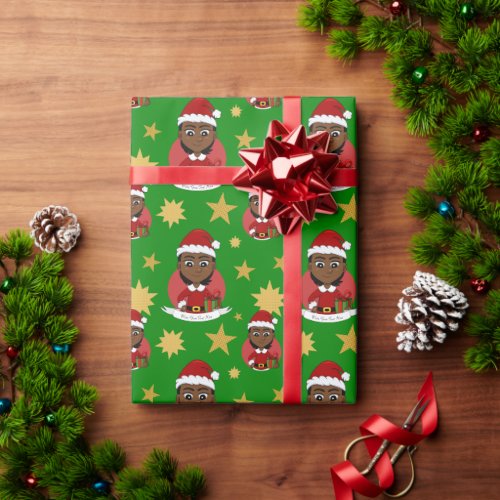 African American Christmas girl with short hair Wrapping Paper