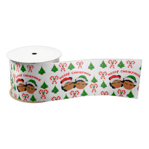 African American Christmas Kids Boy and Girl Twins Satin Ribbon