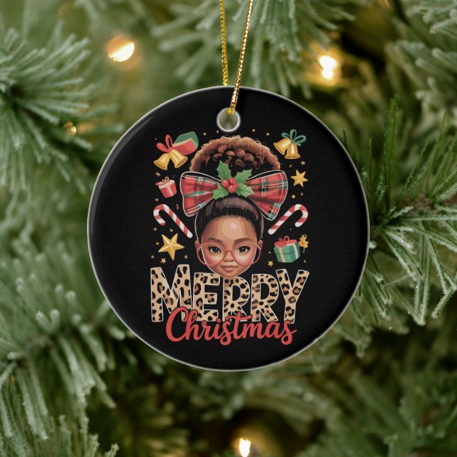 African American Christmas Messy Bun Black Mom  Ceramic Ornament (Tree)