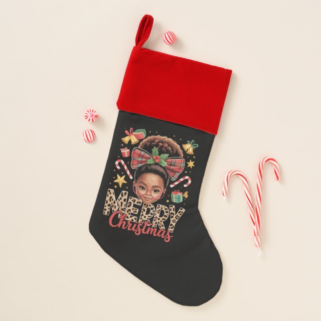 African American Christmas Messy Bun Black Mom  Christmas Stocking (Front)