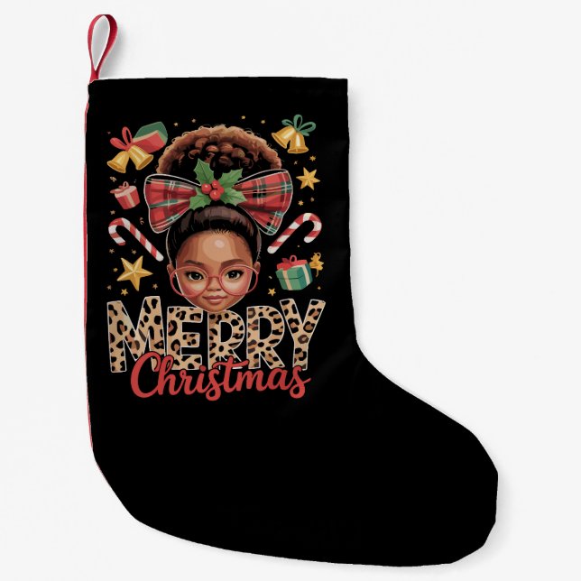 African American Christmas Messy Bun Black Mom  Small Christmas Stocking (Front)