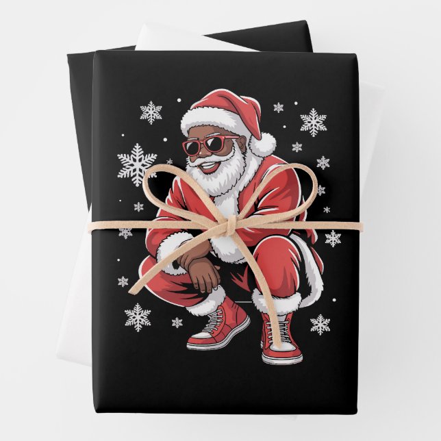 African American Christmas Pajama Xmas Afro Santa  Wrapping Paper Sheets (In situ)