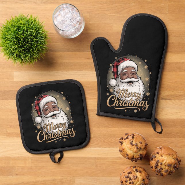 African American Christmas Pajamas Santa Claus  Oven Mitt & Pot Holder Set (Top Down)