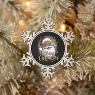African American Christmas Pajamas Santa Claus  Snowflake Pewter Christmas Ornament