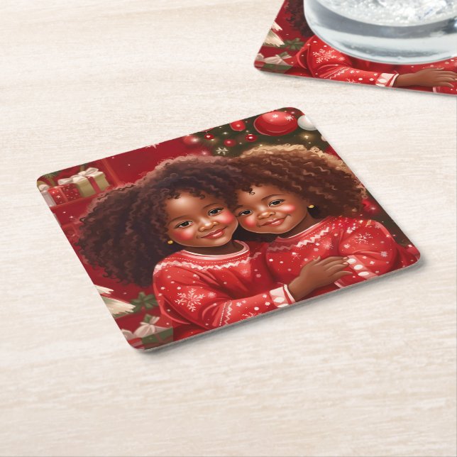African American Christmas Paper Coasters (Angled)