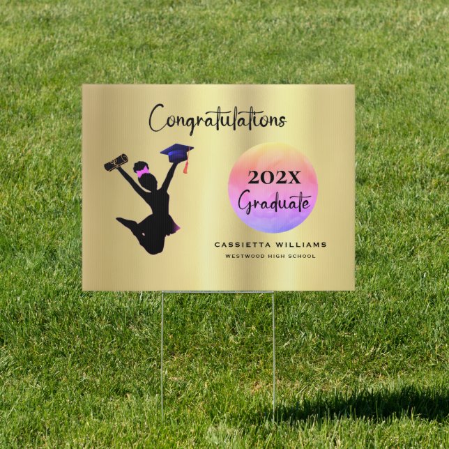 African American Congrats Gold Graduation Yard Sign (Insitu)