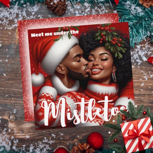 African American Couple Christmas Mistletoe Kiss Holiday Card