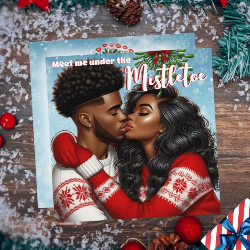 African American Couple Christmas Mistletoe Kiss Holiday Card
