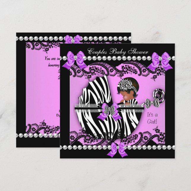 African American Couples Baby Shower Girl Zebra Invitation (Front/Back)