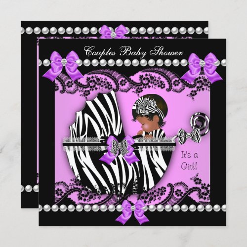 African American Couples Baby Shower Girl Zebra Invitation