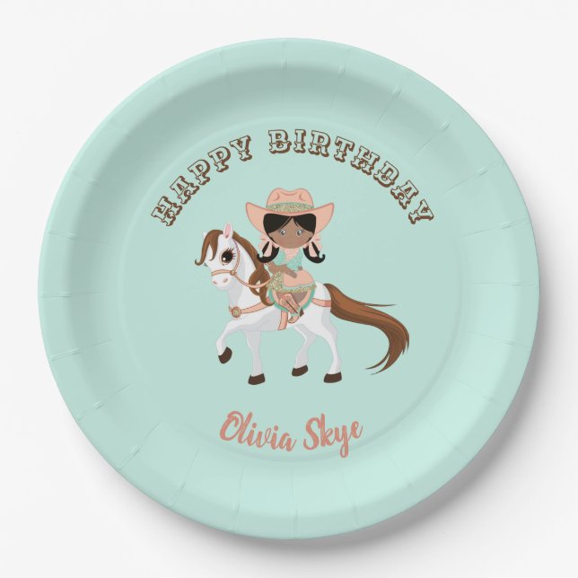 African American Cowgirl on Horse Girls Western Paper Plates (Front)