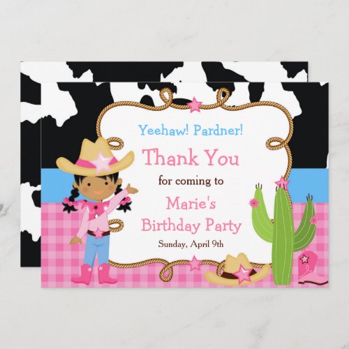 African American Cowgirl Western Birthday Party Thank You Card