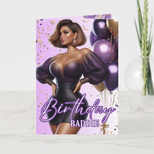 African American Curvy Woman Purple Glam Birthday Card