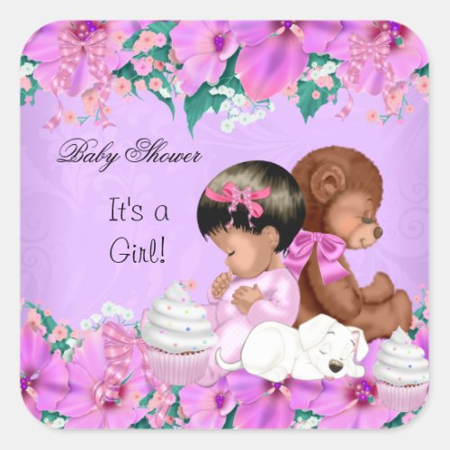African American Cute Baby Shower Girl  Puppy Square Sticker