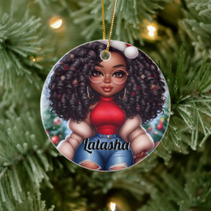 African American Cute Christmas woman Ceramic Ornament