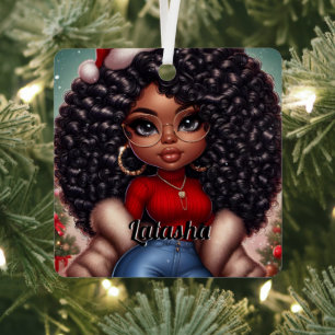 African American Cute Christmas woman Metal Ornament