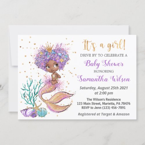 African American Cute Mermaid Baby Shower Invitation