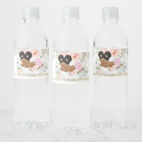 African American Cute Puff Baby Shower Birthday Water Bottle Label