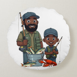 African American Dad and Son Fishing Round Pillow