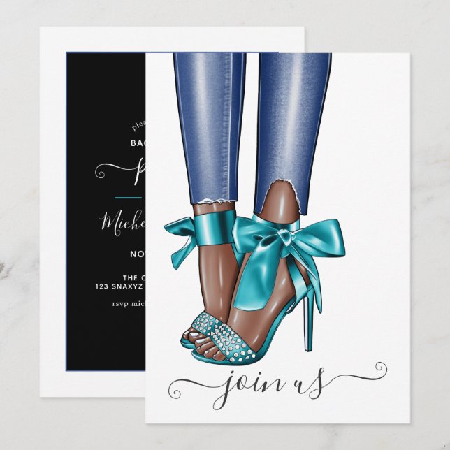 African American Denim Fashionista Bachelorette In Invitation (Front/Back)