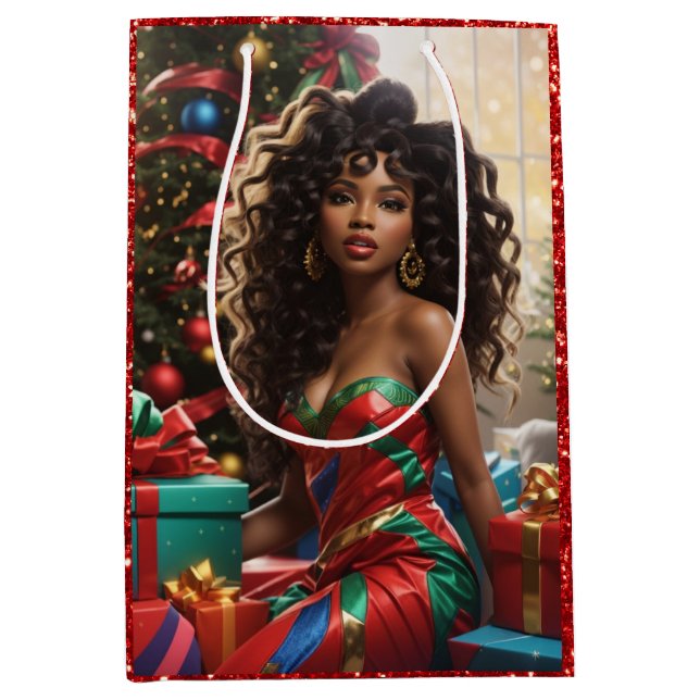 African American Diva Colorful Christmas Card  Medium Gift Bag (Front)