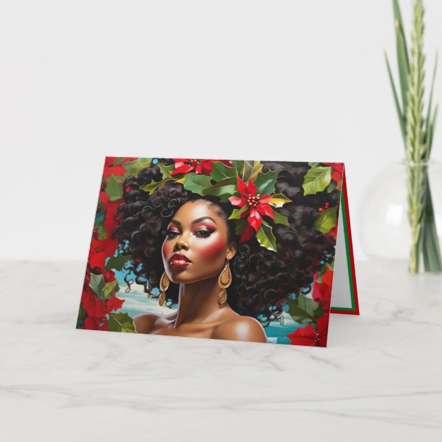 African American Diva illustration Christmas Holly Card (Front)