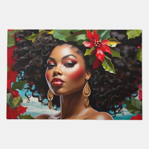 African American Diva illustration Christmas Holly Doormat