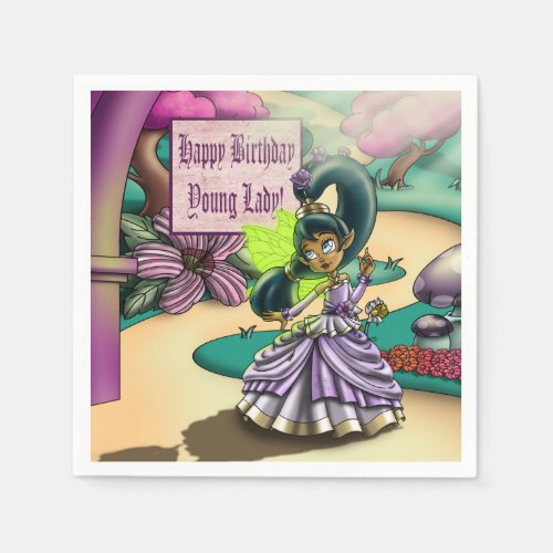 African American Fairy and Anemones Birthday Paper Napkins