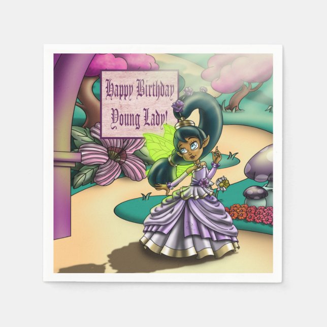 African American Fairy and Anemones Birthday Paper Napkins (Front)