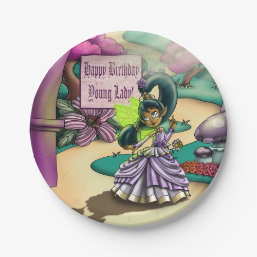 African American Fairy and Anemones Birthday Paper Plates