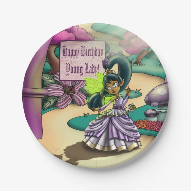 African American Fairy and Anemones Birthday Paper Plates (Front)