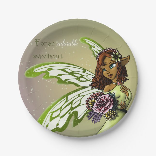 African American Fairy and Flowers Birthday Paper Plates (Front)