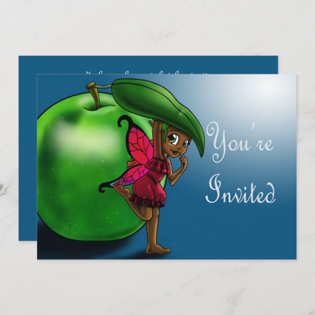 African American Fairy and Green Apple Birthday Invitation (Front/Back)