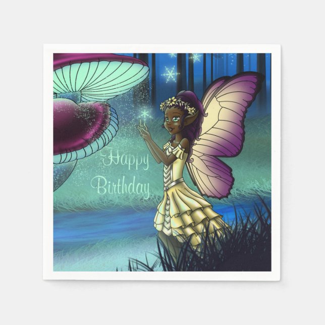 African American Fairy and Mushroom Birthday Paper Napkins (Front)
