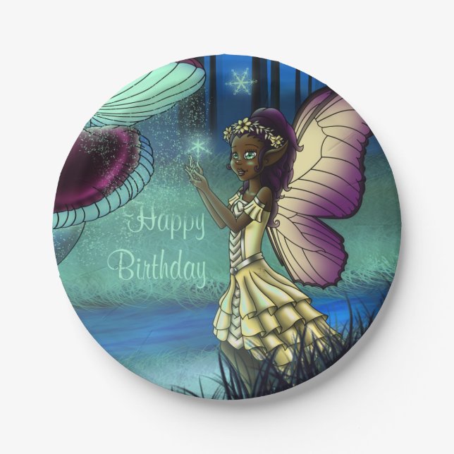 African American Fairy and Mushroom Birthday Paper Plates (Front)