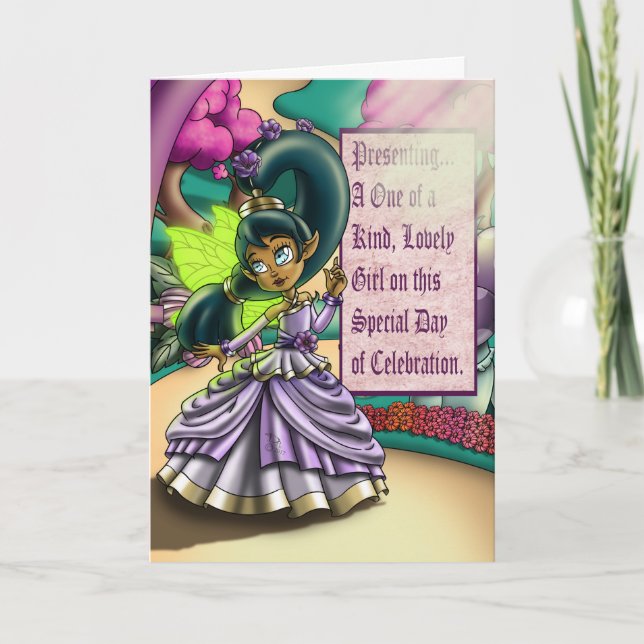 African American Fairy and Purple Flower Birthday Card (Front)