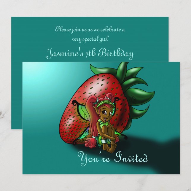 African American Fairy and Strawberry Birthday Invitation (Front/Back)