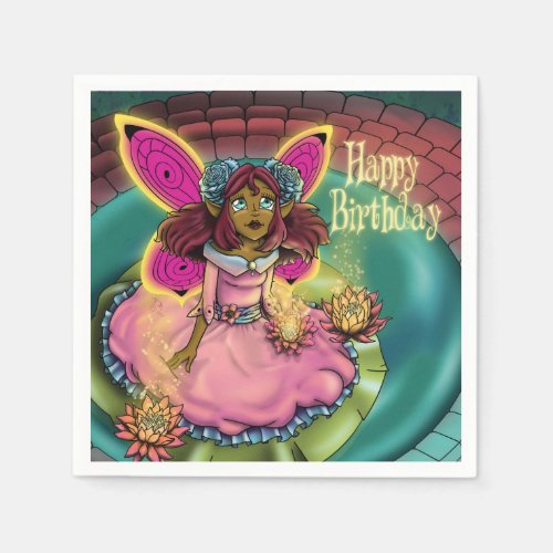 African American Fairy and Water Lilies Birthday Paper Napkins