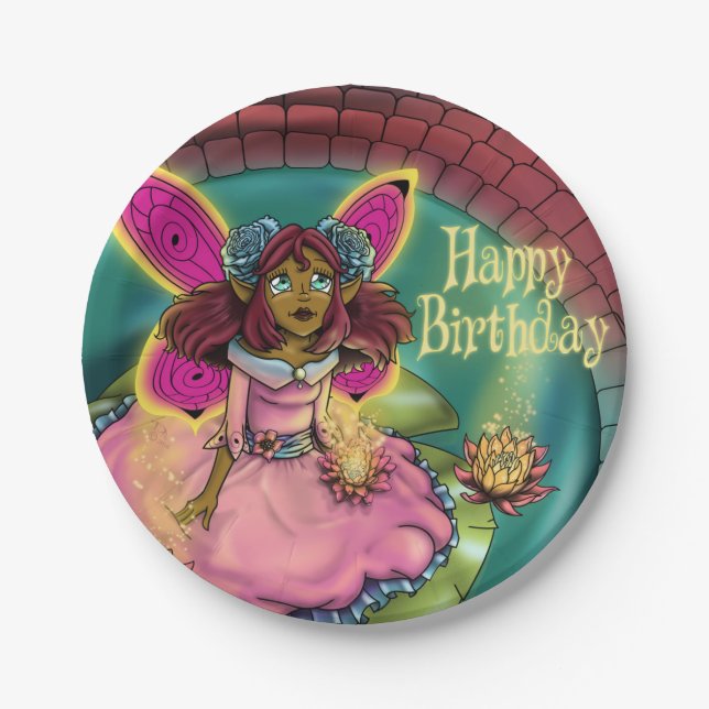 African American Fairy and Water Lilies Birthday Paper Plates (Front)