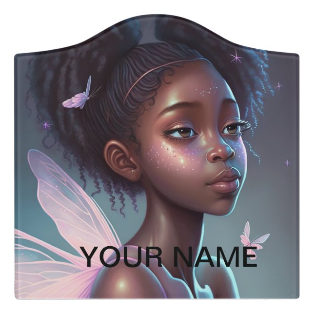 African American Fairy , beautiful black fairy . Door Sign (Large Crest Front)