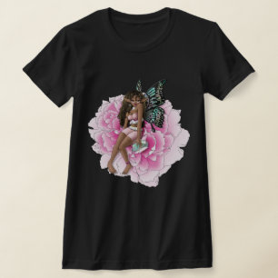 African American Fairy on Pink Flower T-Shirt